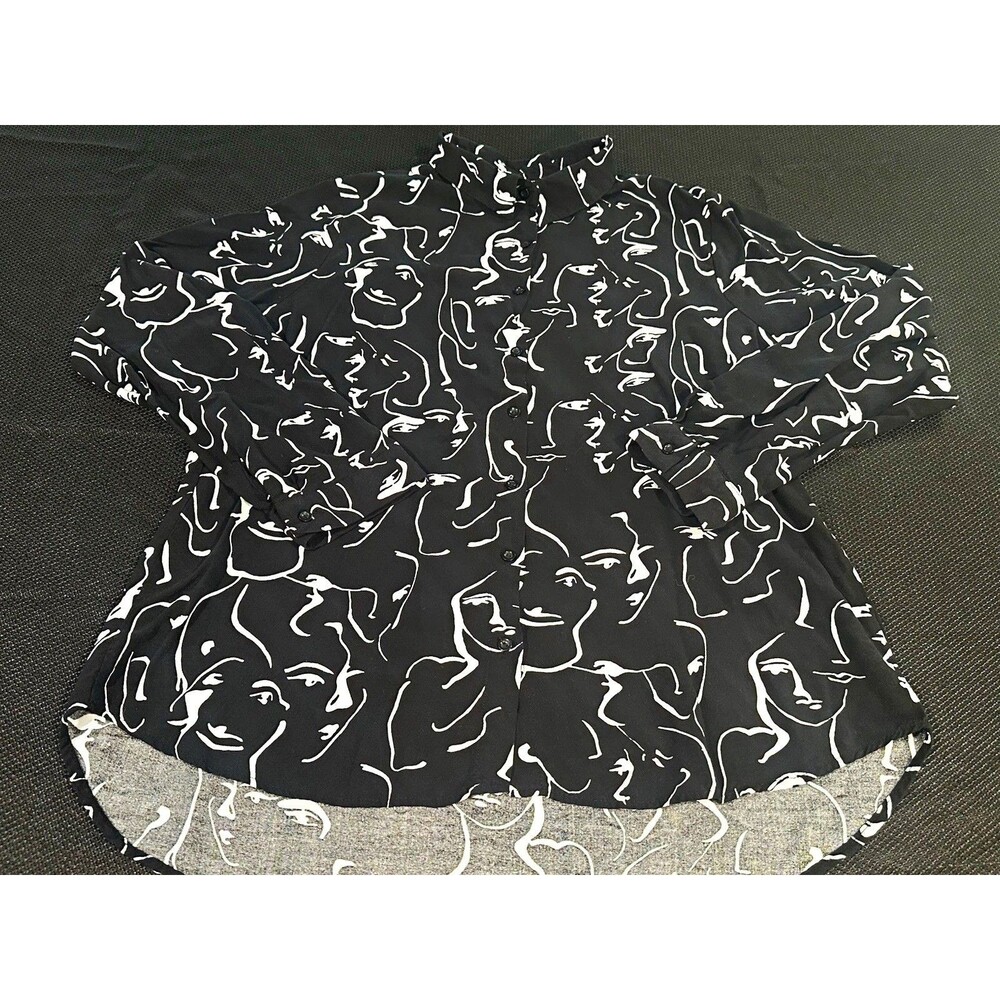 Big Dart Abstract Face Art Print Blouse, UK 20 EU 48 US 16, Button Down, Black